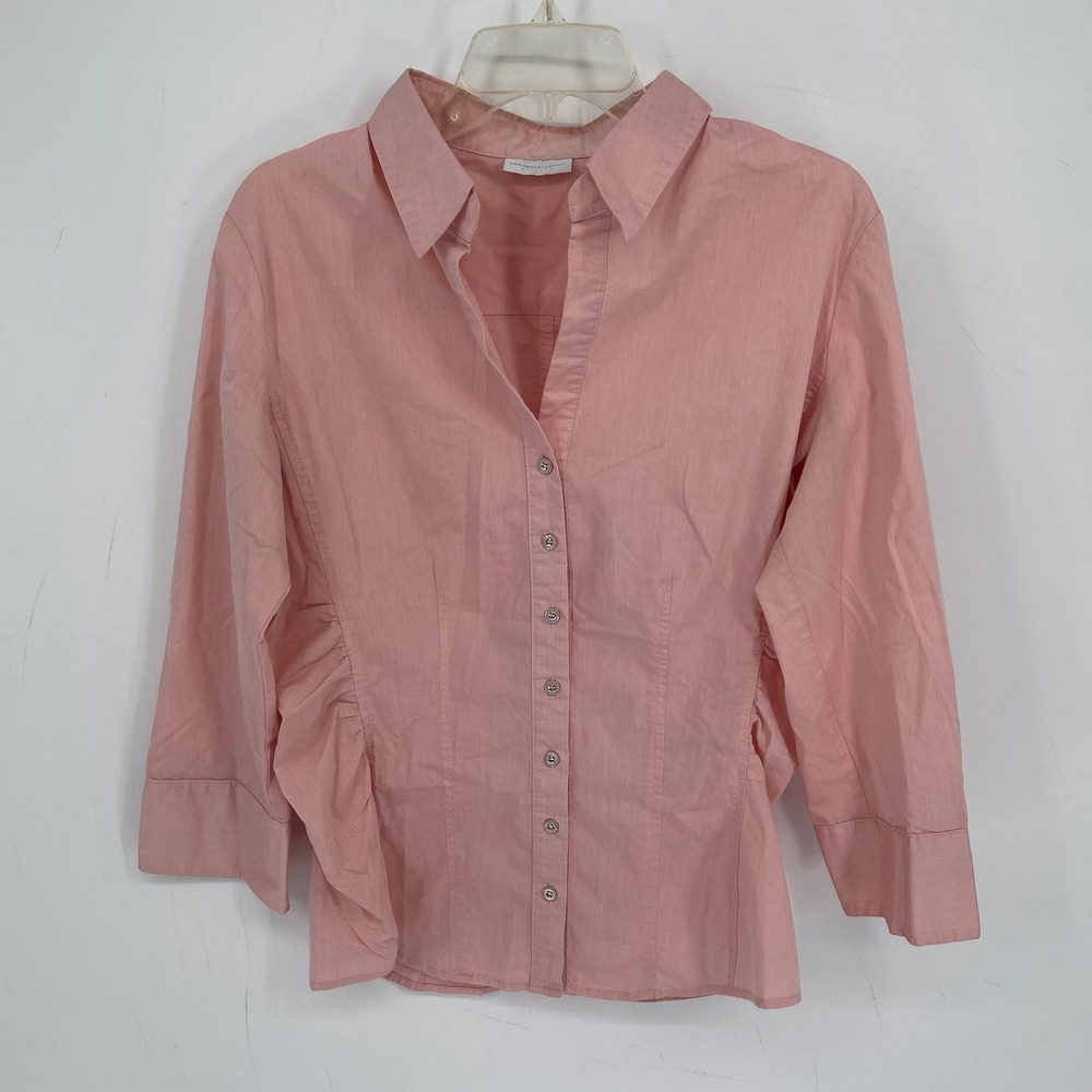 New York & Company Women's Pink Ruched 3/4 Sleeve Button Front Shirt Top Size L